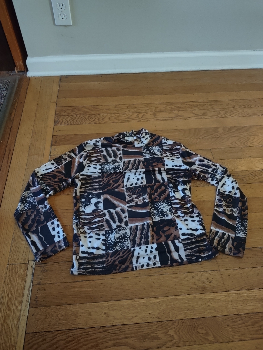 Jaipur Mixed Animal Print Mock Neck Long Sleeve Top Patchwork Leopard Brown M